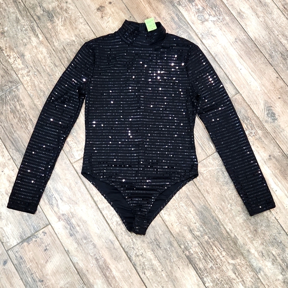 Black Sequin Long-Sleeve Mock Neck Bodysuit